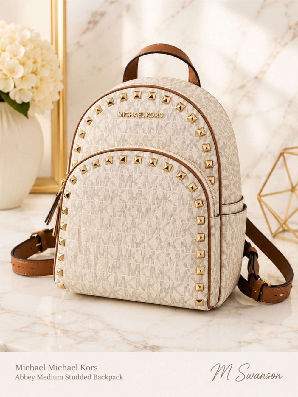 Michael Michael Kors Abbey Medium Studded Backpack Vanilla/Acorn MK Logo